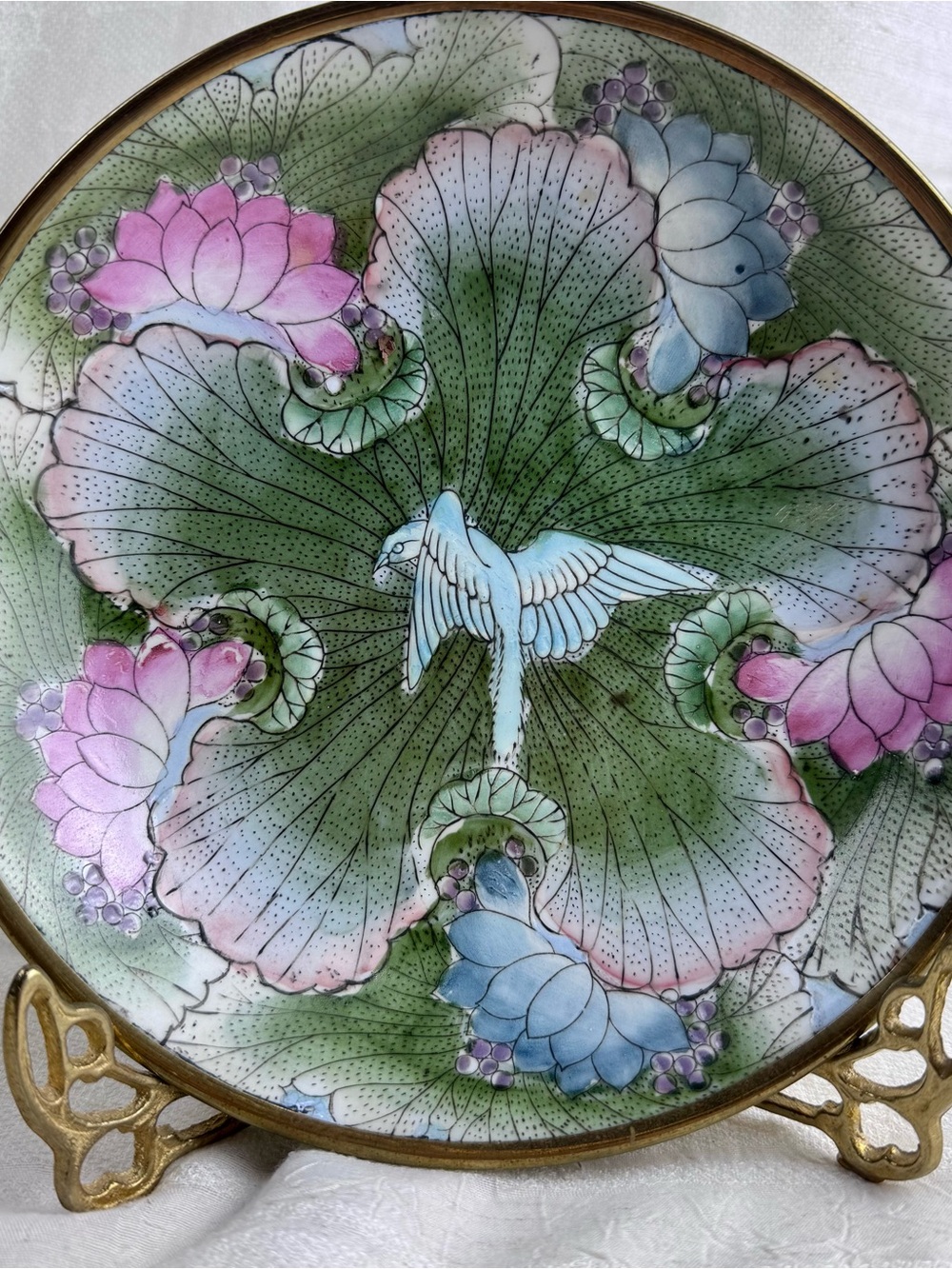 VTG Chinese Porcelain Small Decorative Bowl Brass Encased Lotus Flowers & Bird